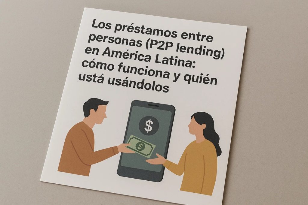 Ilustración de un hombre y una mujer intercambiando dinero a través de un teléfono móvil, con el texto “Los préstamos entre personas (P2P lending) en América Latina: cómo funciona y quién está usándolos”, simbolizando el funcionamiento de las plataformas de préstamos P2P en América Latina.