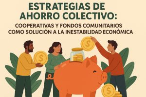 Ilustración en estilo flat sobre fondo beige claro que muestra a tres personajes dibujados de forma caricaturesca alrededor de una gran alcancía en forma de cerdito naranja. A la izquierda, una persona de piel oscura con suéter amarillo sostiene una moneda dorada con símbolo de peso. En el centro, otra persona coloca monedas en un frasco de vidrio lleno. A la derecha, una tercera persona de suéter rojo levanta una moneda sobre el cerdito. Detrás se ven hojas verdes grandes y, en la parte superior, el título en mayúsculas: ‘Estrategias de ahorro colectivo: cooperativas y fondos comunitarios como solución a la inestabilidad económica’. Los personajes son ilustraciones, no personas reales.