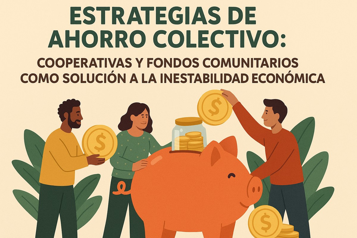 Ilustración en estilo flat sobre fondo beige claro que muestra a tres personajes dibujados de forma caricaturesca alrededor de una gran alcancía en forma de cerdito naranja. A la izquierda, una persona de piel oscura con suéter amarillo sostiene una moneda dorada con símbolo de peso. En el centro, otra persona coloca monedas en un frasco de vidrio lleno. A la derecha, una tercera persona de suéter rojo levanta una moneda sobre el cerdito. Detrás se ven hojas verdes grandes y, en la parte superior, el título en mayúsculas: ‘Estrategias de ahorro colectivo: cooperativas y fondos comunitarios como solución a la inestabilidad económica’. Los personajes son ilustraciones, no personas reales.
