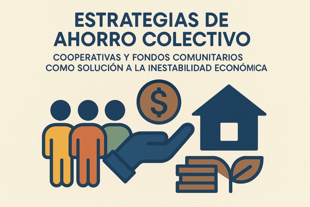 “Ilustración plana sobre fondo beige claro que muestra, a la izquierda, tres figuras humanas estilizadas en naranja, rojo y verde que representan a una comunidad. En el centro, una mano azul extendida sostiene una moneda marrón con símbolo de peso. A la derecha aparece la silueta de una casa azul y, debajo, una pila de bloques con una hoja verde, simbolizando vivienda y desarrollo sostenible. En la parte superior se lee el título en mayúsculas: ‘Estrategias de ahorro colectivo: cooperativas y fondos comunitarios como solución a la inestabilidad económica’.
