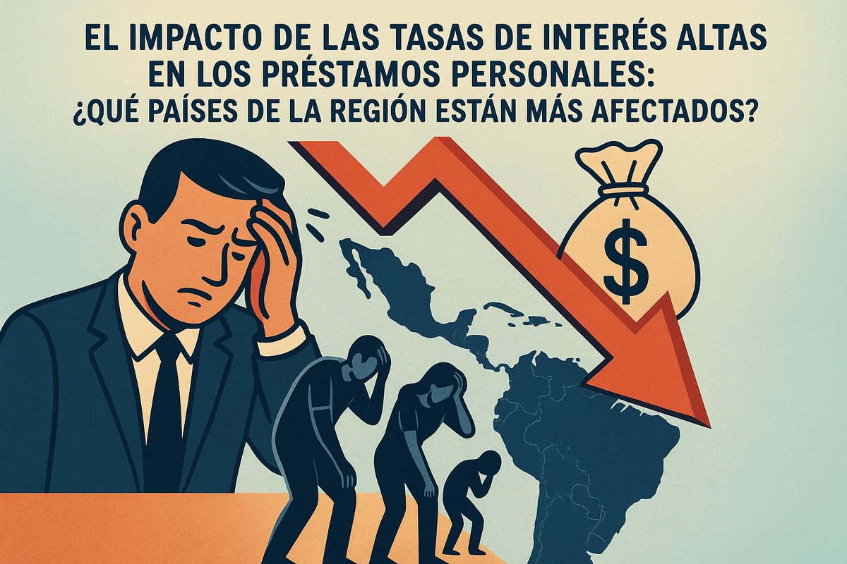 Ilustración en estilo flat con fondo celeste claro. En la parte superior aparece un título grande en español que habla del impacto de las tasas de interés altas en los préstamos personales en la región. A la izquierda, un hombre de traje con expresión preocupada se toca la frente, mostrando estrés financiero. En el centro y hacia la derecha, una flecha roja descendente atraviesa la escena, simbolizando caída o presión económica, junto a una bolsa con signo de dólar. En la parte inferior se ven varias siluetas de personas encorvadas y cansadas, representando a los hogares afectados. Al fondo aparece un mapa de América Latina en tonos oscuros, reforzando que el problema es regional. La composición transmite la idea de que los intereses altos dificultan el acceso al crédito y golpean el bienestar financiero de las familias.