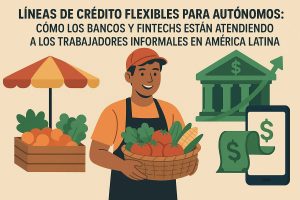 Ilustración sobre líneas de crédito flexibles para trabajadores autónomos e informales en América Latina. En el centro, aparece un vendedor ambulante sonriente sosteniendo una canasta con frutas y verduras, representando el trabajo informal. A la izquierda, se ve un puesto de mercado con una sombrilla y productos agrícolas. A la derecha, hay íconos financieros que incluyen un edificio bancario con un símbolo de dólar, un teléfono móvil con una aplicación financiera y billetes, simbolizando la participación de bancos y fintechs en la oferta de crédito. En la parte superior, se muestra el título “Líneas de Crédito Flexibles para Autónomos: Cómo los Bancos y Fintechs Están Atendiendo a los Trabajadores Informales en América Latina”. No hay personas reales identificables en la imagen.