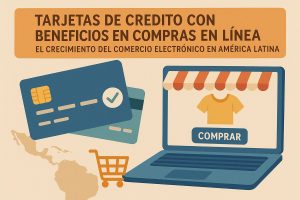 Ilustración sobre tarjetas de crédito con beneficios para compras en línea y el crecimiento del comercio electrónico en América Latina. A la izquierda se ven dos tarjetas de crédito, una con un símbolo de verificación, que representan seguridad y ventajas al pagar. A la derecha aparece una laptop con una tienda en línea en la pantalla, mostrando una camiseta en exhibición y el botón “COMPRAR”. En la parte inferior se observa un carrito de compras y el mapa de América Latina, destacando el contexto regional del e-commerce. En la parte superior figura el título “Tarjetas de Crédito con Beneficios en Compras en Línea: El Crecimiento del Comercio Electrónico en América Latina”. No hay personas reales identificables en la imagen.