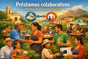 Ilustración sobre préstamos colaborativos en comunidades rurales, con varias personas trabajando y emprendiendo en un pueblo latinoamericano. En el centro, un hombre mayor y una mujer se dan la mano, simbolizando acuerdos basados en confianza. Alrededor se ven agricultores con canastas de productos, vecinos reunidos revisando documentos y personas desarrollando oficios, como trabajo manual y costura. En la parte superior aparecen íconos de dinero y un hogar conectados por flechas, representando el flujo de recursos dentro de la comunidad. El fondo muestra una iglesia, casas y montañas, reforzando el contexto de pueblos y pequeñas ciudades.