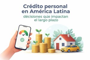 Ilustración sobre crédito personal y planificación financiera en América Latina. En primer plano, una mano sostiene un teléfono móvil que muestra un medidor de evaluación crediticia en color verde, indicando una situación financiera saludable. A la derecha, se observan varias pilas de monedas doradas con pequeñas plantas creciendo en la parte superior, simbolizando crecimiento económico a largo plazo. Al fondo, una casa familiar y un automóvil amarillo representan bienes adquiridos mediante decisiones financieras responsables. El entorno presenta elementos naturales y tonos suaves, reforzando la idea de estabilidad, progreso y planificación consciente del crédito.