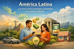 Ilustración conceptual sobre el futuro de los préstamos personales en América Latina. En el centro, un hombre y una mujer jóvenes utilizan dispositivos móviles y una tablet, representando el acceso digital al crédito. A su alrededor aparecen íconos de dinero, documentos aprobados y símbolos de validación financiera. Al fondo, se observan elementos representativos de la región, como el Cristo Redentor, una pirámide mesoamericana y un mapa de América Latina. También se muestran un banco clásico, paneles solares y aerogeneradores, simbolizando economías híbridas que combinan finanzas tradicionales, tecnología e innovación sostenible. En primer plano, un automóvil, una pequeña tienda y una bombilla con una planta refuerzan la idea de crecimiento económico responsable y desarrollo a largo plazo.