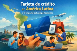 Ilustración conceptual sobre el uso de la tarjeta de crédito en América Latina y el impacto del comportamiento financiero. La imagen muestra un mapa de América Latina al fondo, una mano sosteniendo una tarjeta de crédito azul en primer plano y escenas de consumo moderno, como compras en línea desde un teléfono móvil, pagos digitales, viajes en avión y compras presenciales. Aparecen personajes ilustrados utilizando tarjetas y dispositivos electrónicos, representando hábitos de consumo, inclusión financiera y decisiones económicas en distintos contextos de la región. El título “Tarjeta de crédito en América Latina y el impacto del comportamiento” refuerza el enfoque educativo y financiero de la imagen.