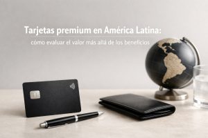 Imagen ilustrativa sobre tarjetas premium en América Latina, que muestra una tarjeta de crédito de alto nivel junto a una billetera elegante, un bolígrafo y un globo terráqueo enfocado en la región latinoamericana. La escena simboliza el análisis del valor real de las tarjetas premium más allá de los beneficios tradicionales, como viajes, estatus, experiencia financiera y toma de decisiones informadas sobre productos financieros.