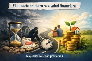 Ilustración conceptual dividida en dos mitades que representa el impacto del plazo de un préstamo en la salud financiera. A la izquierda, un entorno oscuro y tormentoso con relámpagos ilumina una escena de estrés financiero: un reloj de arena grande, papeles con la palabra “deudas” y un aviso de “vence”, además de la silueta de un hombre sentado con la cabeza apoyada en la mano en señal de preocupación. En el centro, un camino separa ambos escenarios junto a un reloj que simboliza el paso del tiempo. A la derecha, un ambiente luminoso y optimista muestra una pareja sentada abrazada mirando hacia un paisaje claro, junto a una casa pequeña y varias pilas de monedas de oro de las que brota una planta verde, simbolizando crecimiento y estabilidad económica. En la parte superior se lee el título sobre el impacto del plazo en la salud financiera de quienes solicitan préstamos.