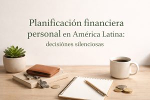 Escena minimalista sobre una mesa de madera clara con fondo neutro. En la parte superior se lee el texto “Planificación financiera personal en América Latina: decisiones silenciosas”. A la izquierda, hay una pequeña planta suculenta en una maceta beige. Junto a ella, una billetera de cuero marrón descansa sobre dos cuadernos apilados, acompañada de un llavero metálico y una moneda suelta. En el centro, se observa un cuaderno espiral abierto con una pluma dorada colocada encima, sugiriendo organización y planificación. A la derecha, una taza blanca con café y varias monedas apoyadas sobre la mesa completan la composición. La imagen transmite una sensación de orden, reflexión y administración consciente del dinero en un entorno cotidiano y tranquilo.