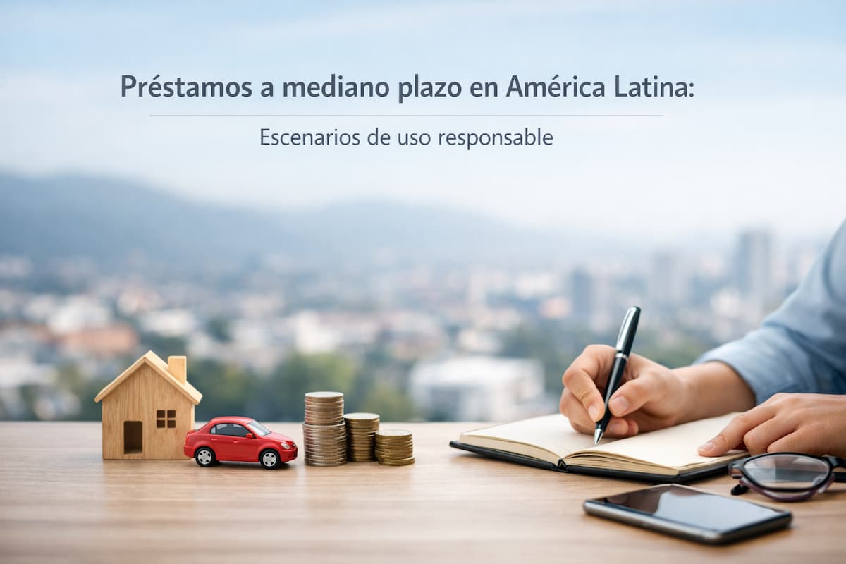 Ilustración de préstamos a mediano plazo en América Latina con casa en miniatura, automóvil, monedas apiladas y persona firmando documentos financieros, representando financiamiento responsable y planificación económica.