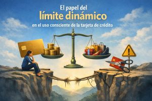 Ilustración conceptual del límite dinámico en tarjetas de crédito mostrando una balanza con monedas y compras, una tarjeta de crédito y una persona reflexionando sobre el uso responsable del crédito.