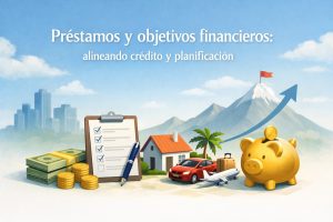 Ilustración sobre préstamos y objetivos financieros mostrando dinero en efectivo, lista de planificación, casa, automóvil, avión de viaje y alcancía con gráfico de crecimiento, representando metas económicas, ahorro y uso inteligente del crédito en América Latina.