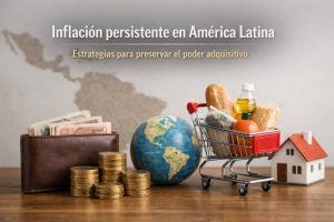 Inflación en América Latina representada con billetera llena de dinero, monedas, carrito de compras con alimentos y globo terráqueo, simbolizando el aumento de precios, el costo de vida y la pérdida de poder adquisitivo en la región