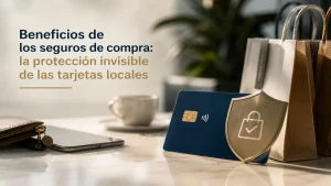 Imagen editorial premium sobre beneficios de los seguros de compra, mostrando tarjeta bancaria con símbolo de protección y bolsas de compras en un ambiente moderno que representa seguridad financiera y protección al consumidor.
